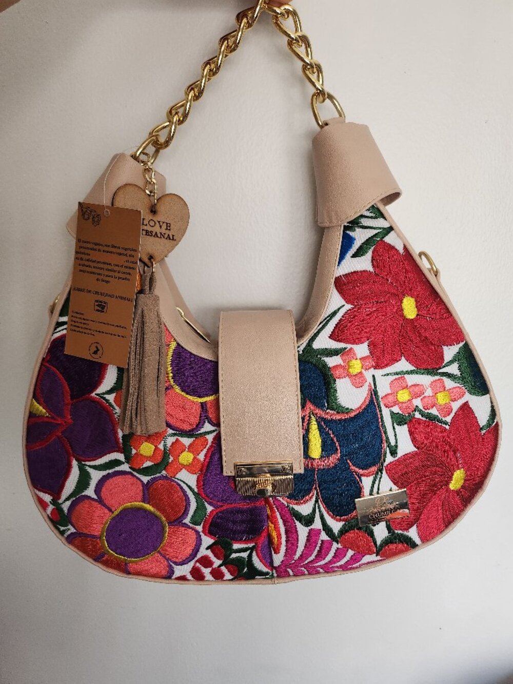 Handmade Beige Vegan Leather Bag with Colorful Floral Embroidery & Gold Chain St